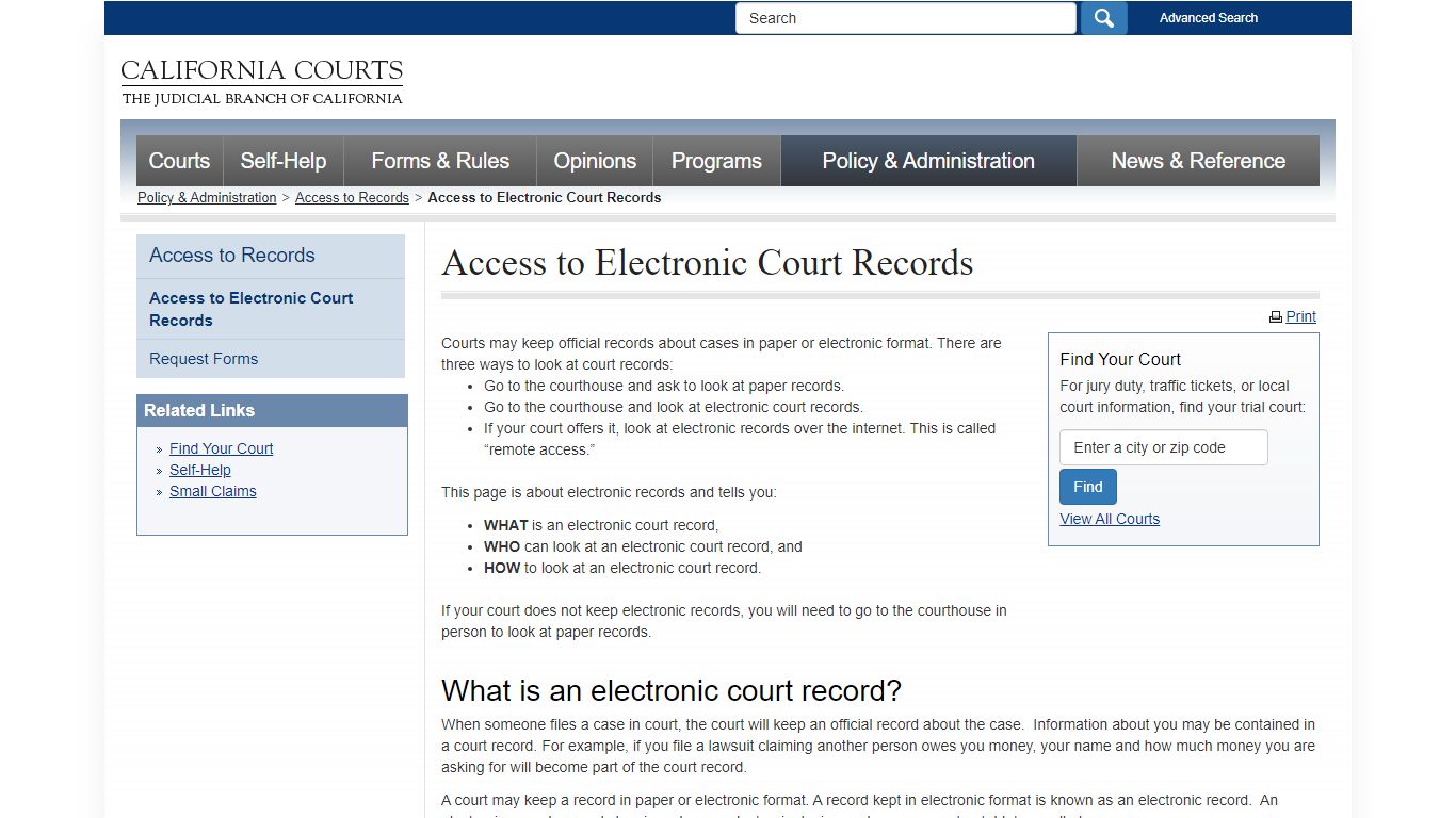 Access to Electronic Court Records - California